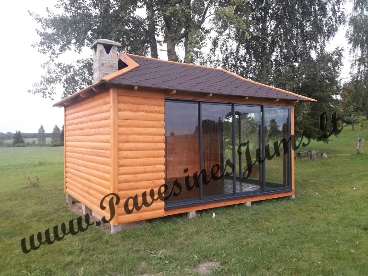 Pavėsinė 3 x 4 m, su stumdomais langais ir kepsnine