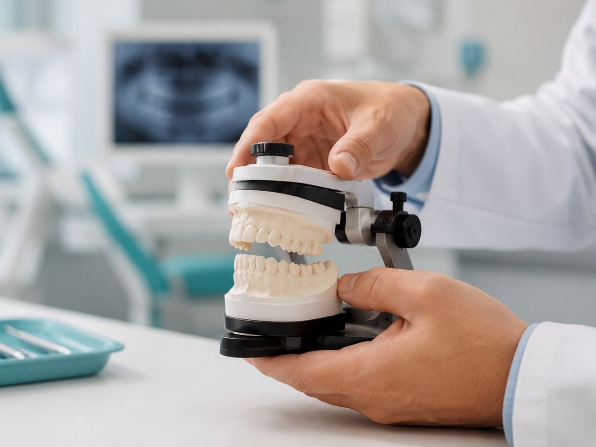 Odontologas laiko diagnostinį artikuliatorių su žandikaulių modeliais &ndash; sąkandžio auk&scaron;čio analizė