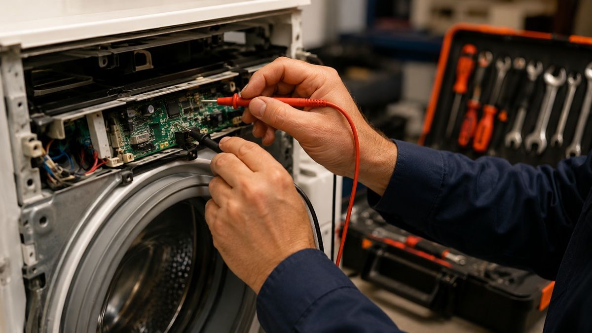 Profesionalus buitinės technikos meistras diagnozuoja skalbimo ma&scaron;iną